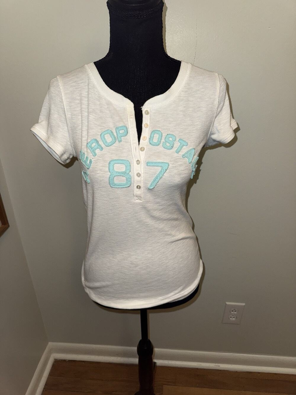 Aeropostale 87 Henley Shirt Womens L White Teal Logo Graphic Short Sleeve Y2K
